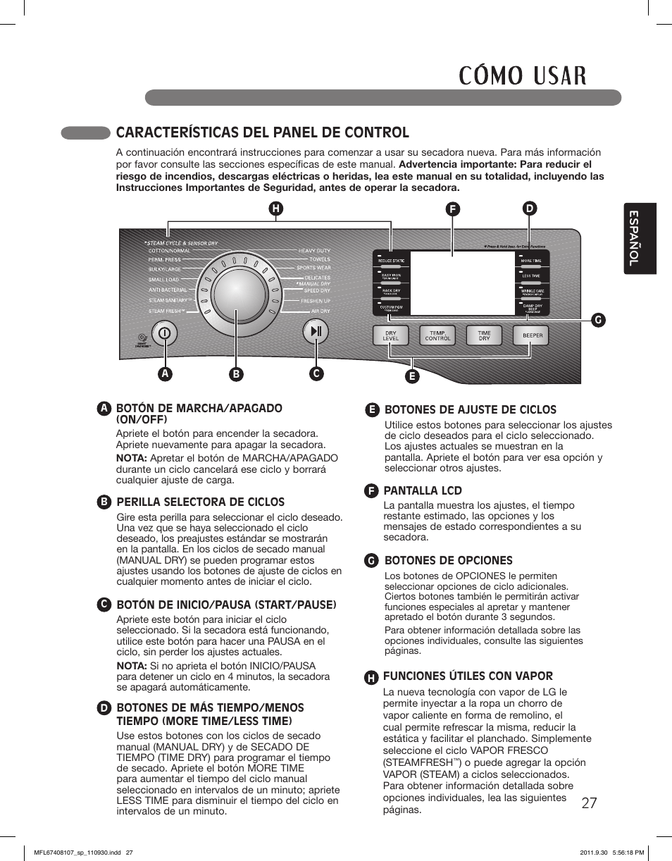 Características del panel de control | LG LSDE388VS User Manual | Page 75 / 100