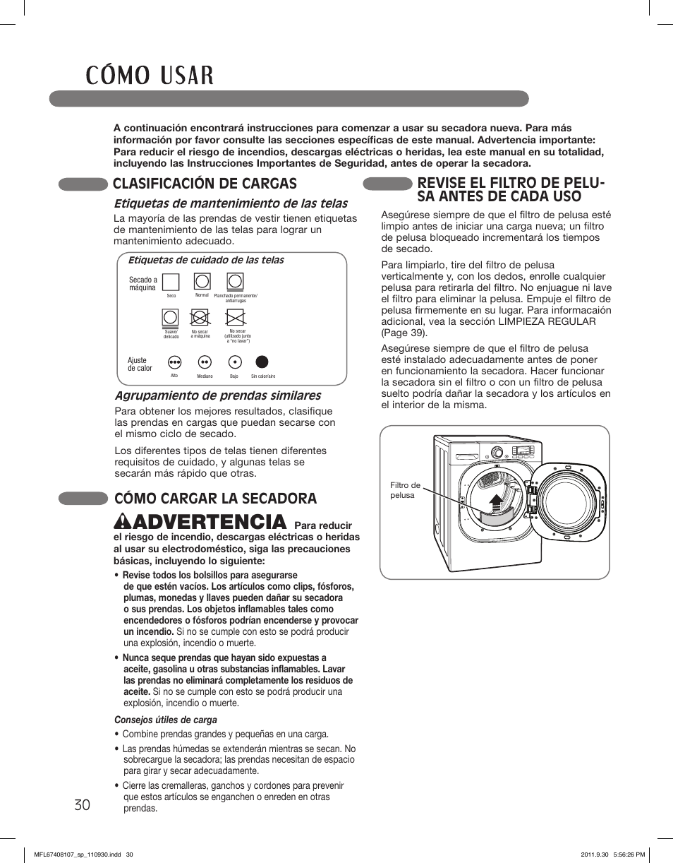 Wadvertencia, Clasificación de cargas, Cómo cargar la secadora | Revise el filtro de pelu- sa antes de cada uso | LG LSDE388VS User Manual | Page 78 / 100