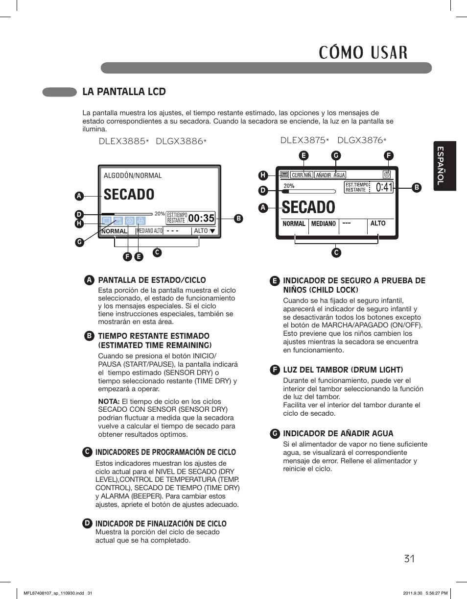 Secado, La pantalla lcd | LG LSDE388VS User Manual | Page 79 / 100