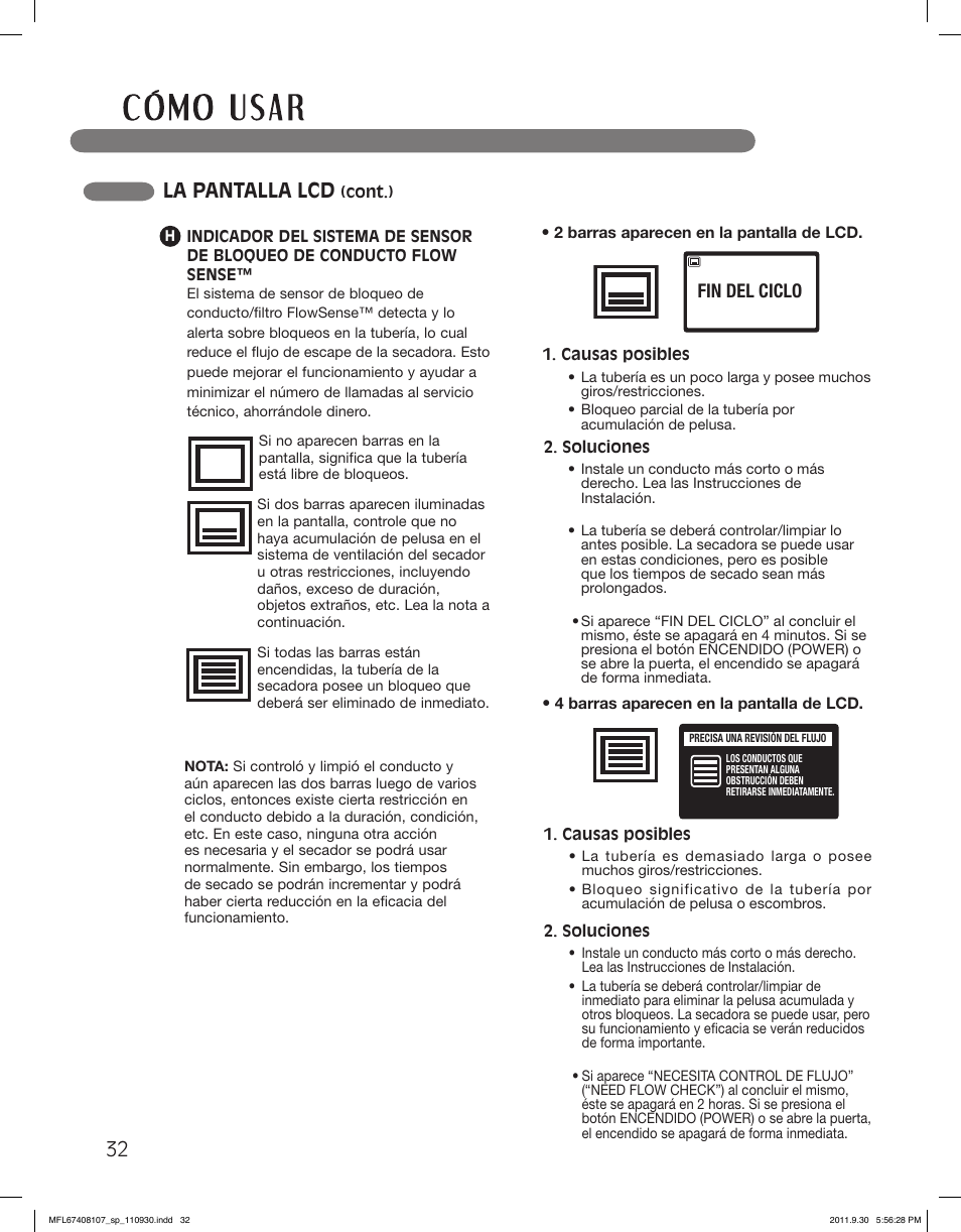 La pantalla lcd, Fin del ciclo | LG LSDE388VS User Manual | Page 80 / 100