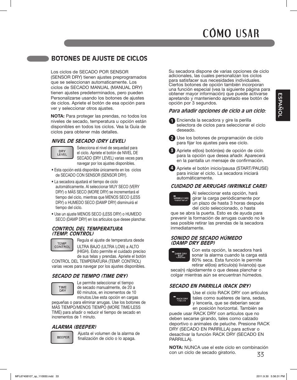 Botones de ajuste de ciclos | LG LSDE388VS User Manual | Page 81 / 100
