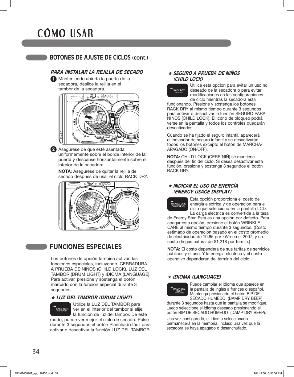 Botones de ajuste de ciclos, Funciones especiales | LG LSDE388VS User Manual | Page 82 / 100