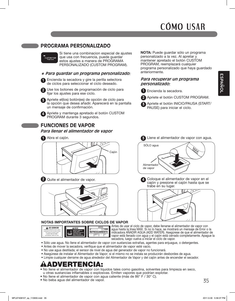 Wadvertencia, Programa personalizado, Funciones de vapor | Esp anol | LG LSDE388VS User Manual | Page 83 / 100