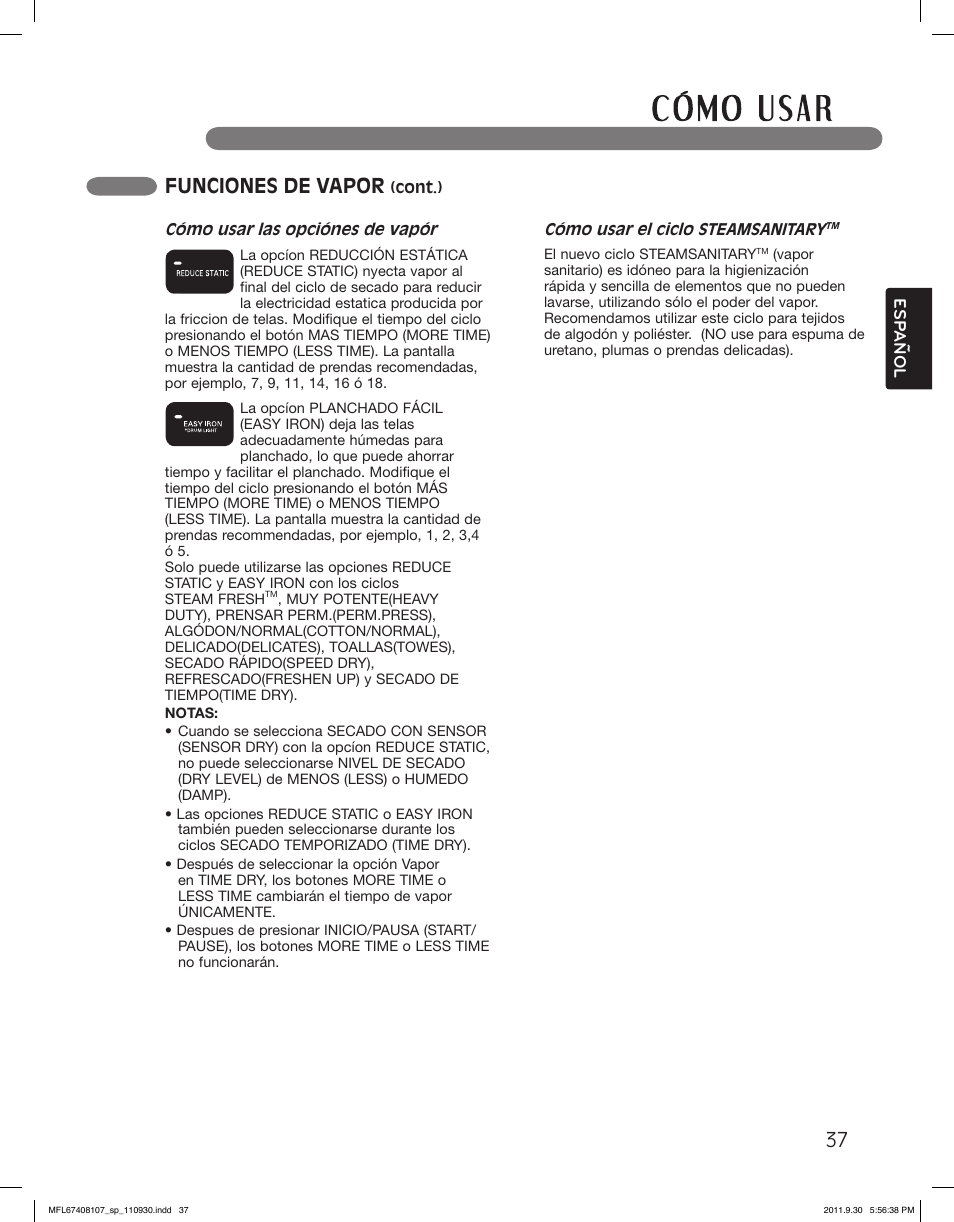 Funciones de vapor | LG LSDE388VS User Manual | Page 85 / 100