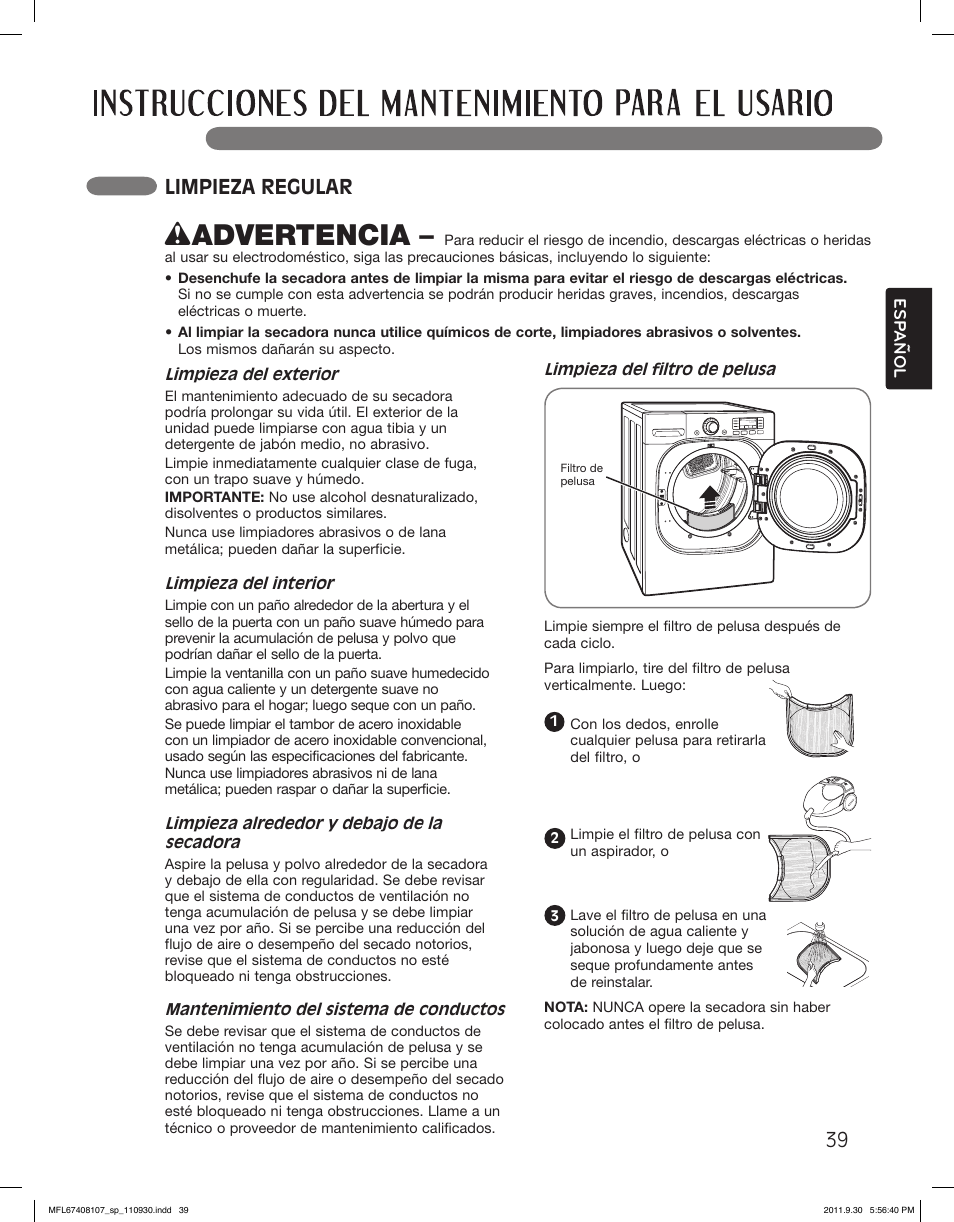 Wadvertencia, Limpieza regular | LG LSDE388VS User Manual | Page 87 / 100