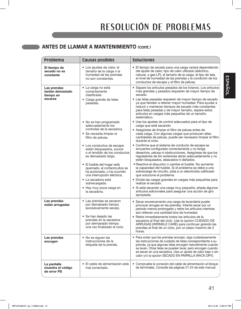 Antes de llamar a mantenimiento, Esp anol | LG LSDE388VS User Manual | Page 89 / 100