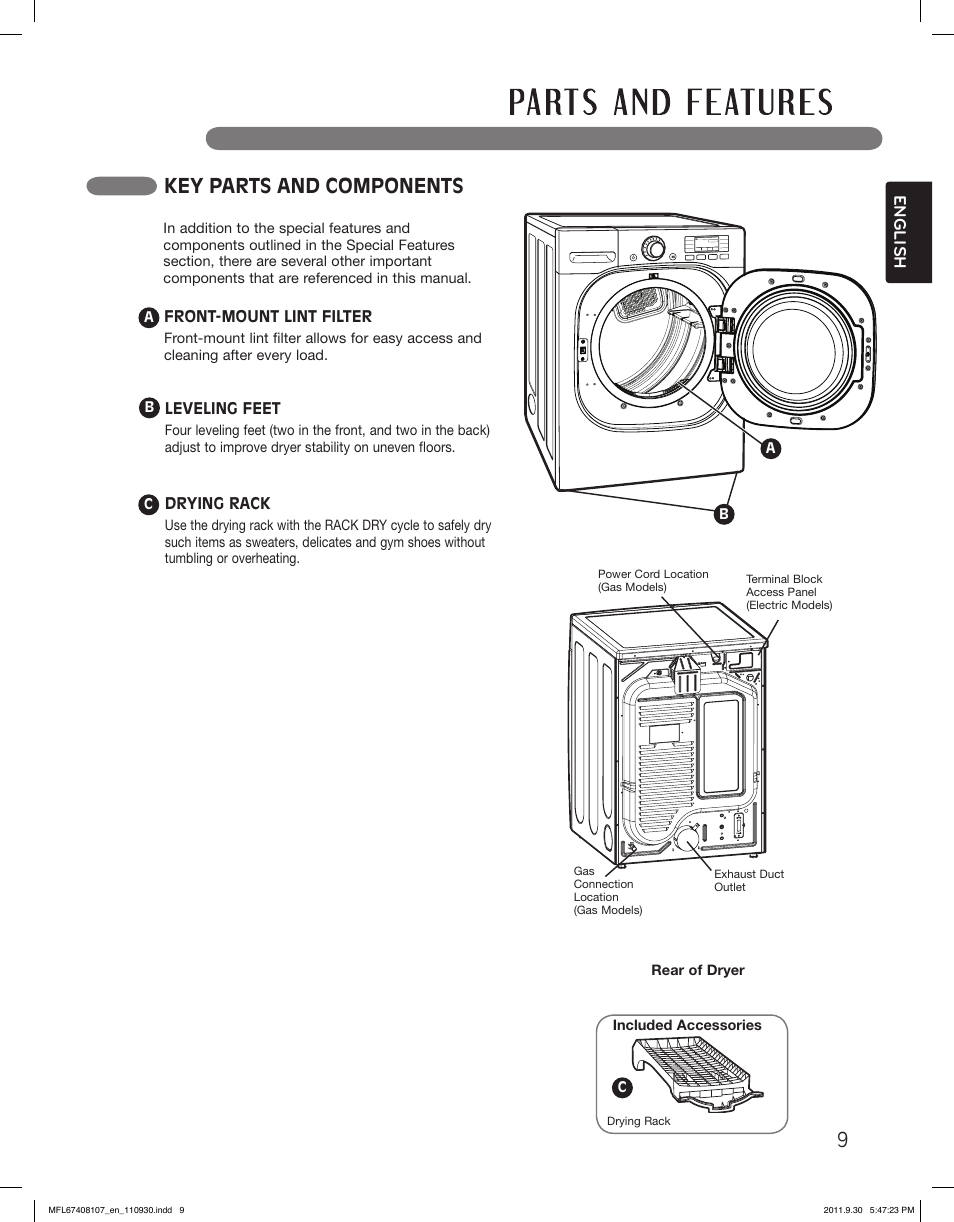 Key parts and components, English | LG LSDE388VS User Manual | Page 9 / 100