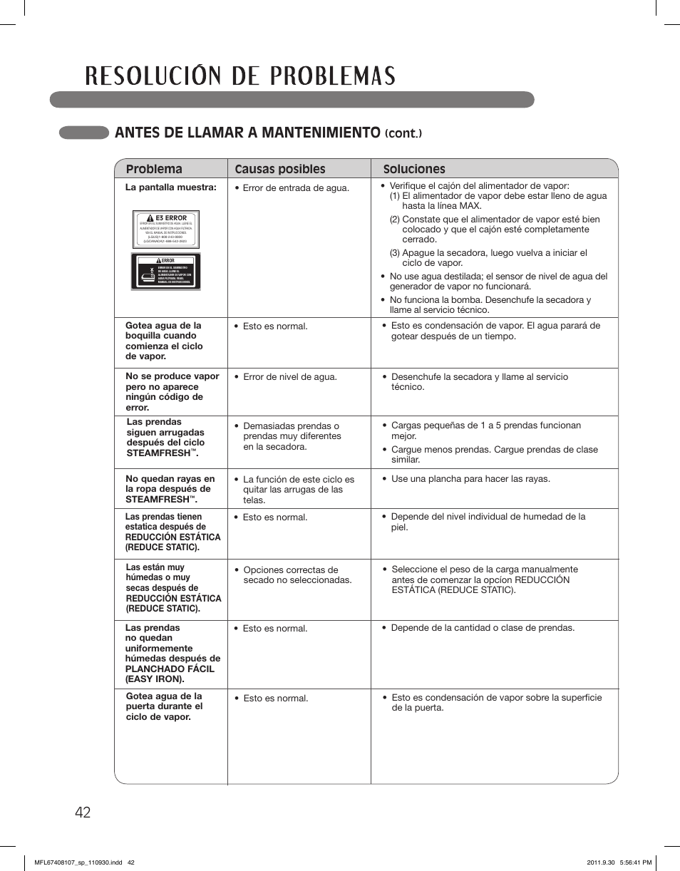 Antes de llamar a mantenimiento | LG LSDE388VS User Manual | Page 90 / 100