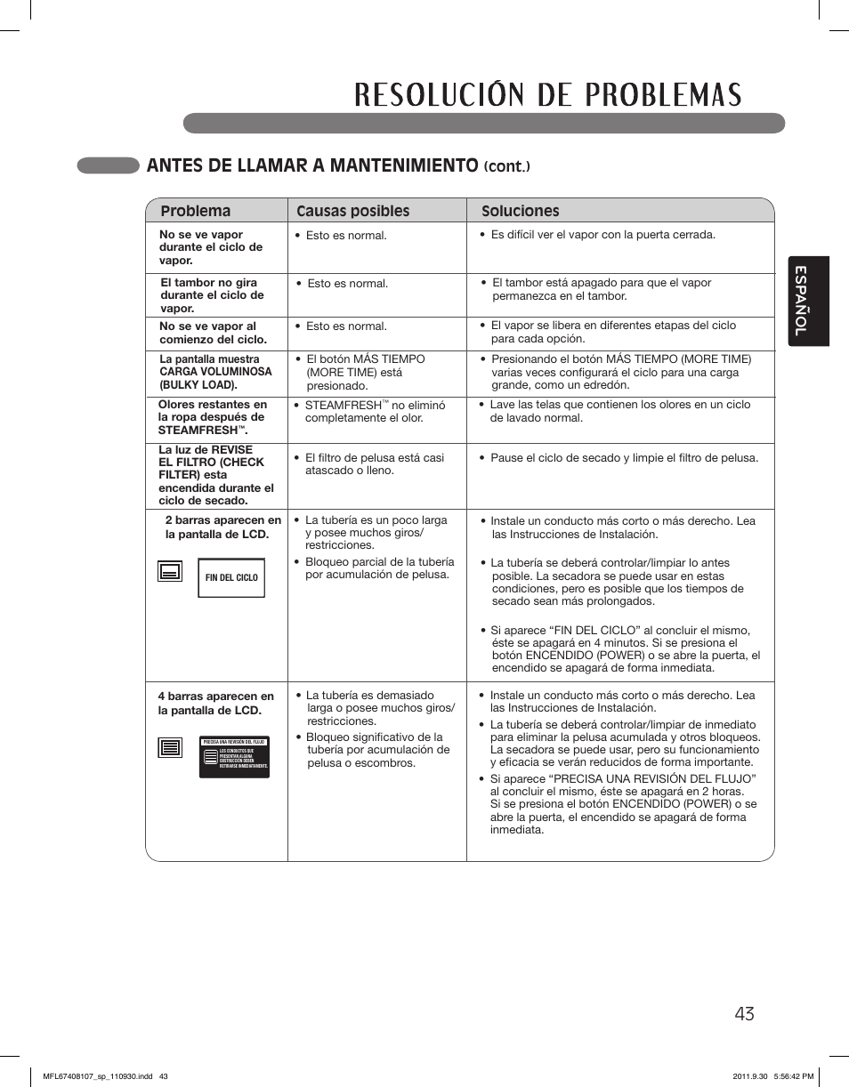 Antes de llamar a mantenimiento, Esp anol | LG LSDE388VS User Manual | Page 91 / 100