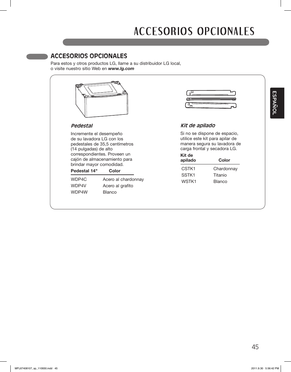 Accesorios opcionales | LG LSDE388VS User Manual | Page 93 / 100