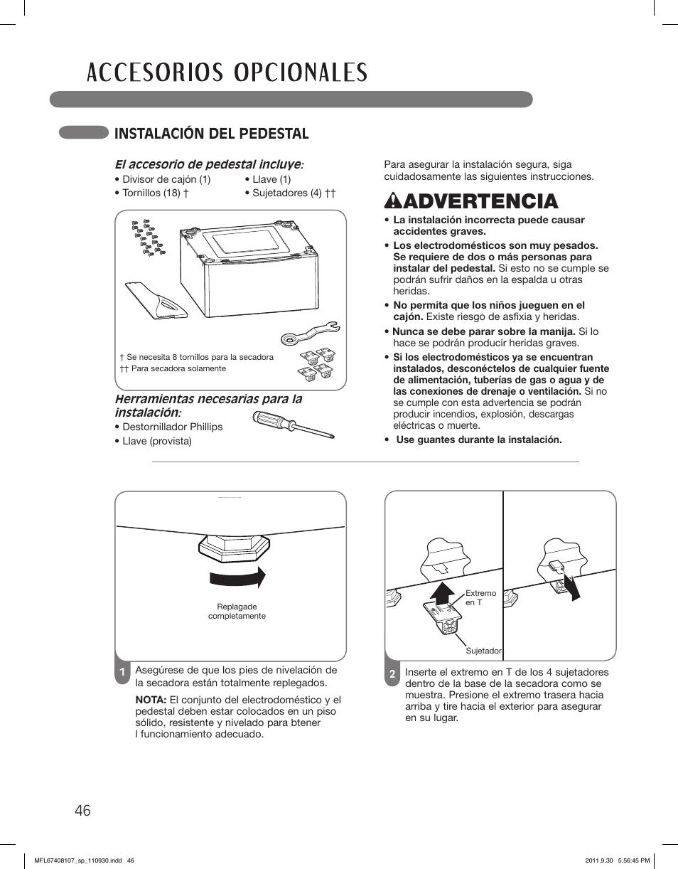 Wadvertencia, Instalación del pedestal | LG LSDE388VS User Manual | Page 94 / 100