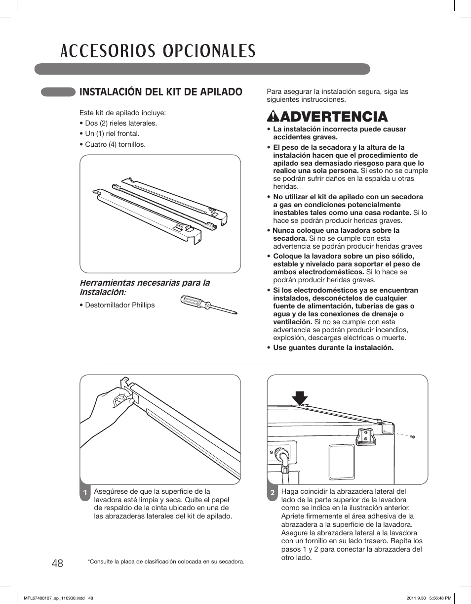 Wadvertencia, Instalación del kit de apilado | LG LSDE388VS User Manual | Page 96 / 100