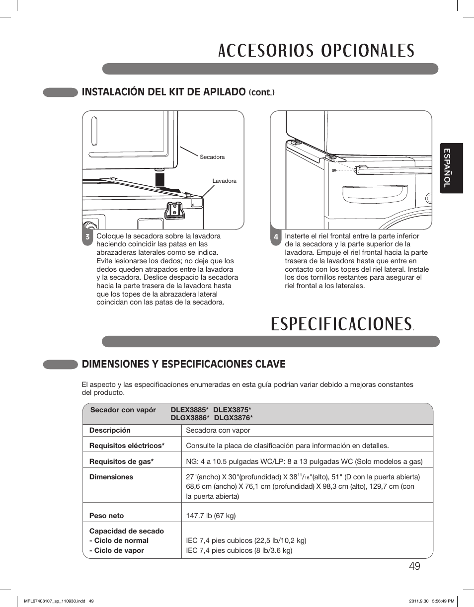 Instalación del kit de apilado, Dimensiones y especificaciones clave | LG LSDE388VS User Manual | Page 97 / 100