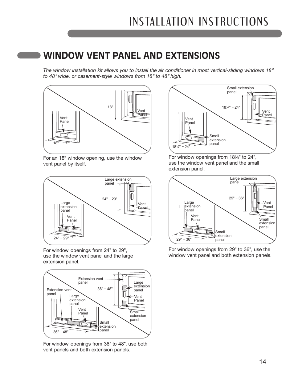 Window vent panel and extensions | LG LP1010SNR User Manual | Page 14 / 48