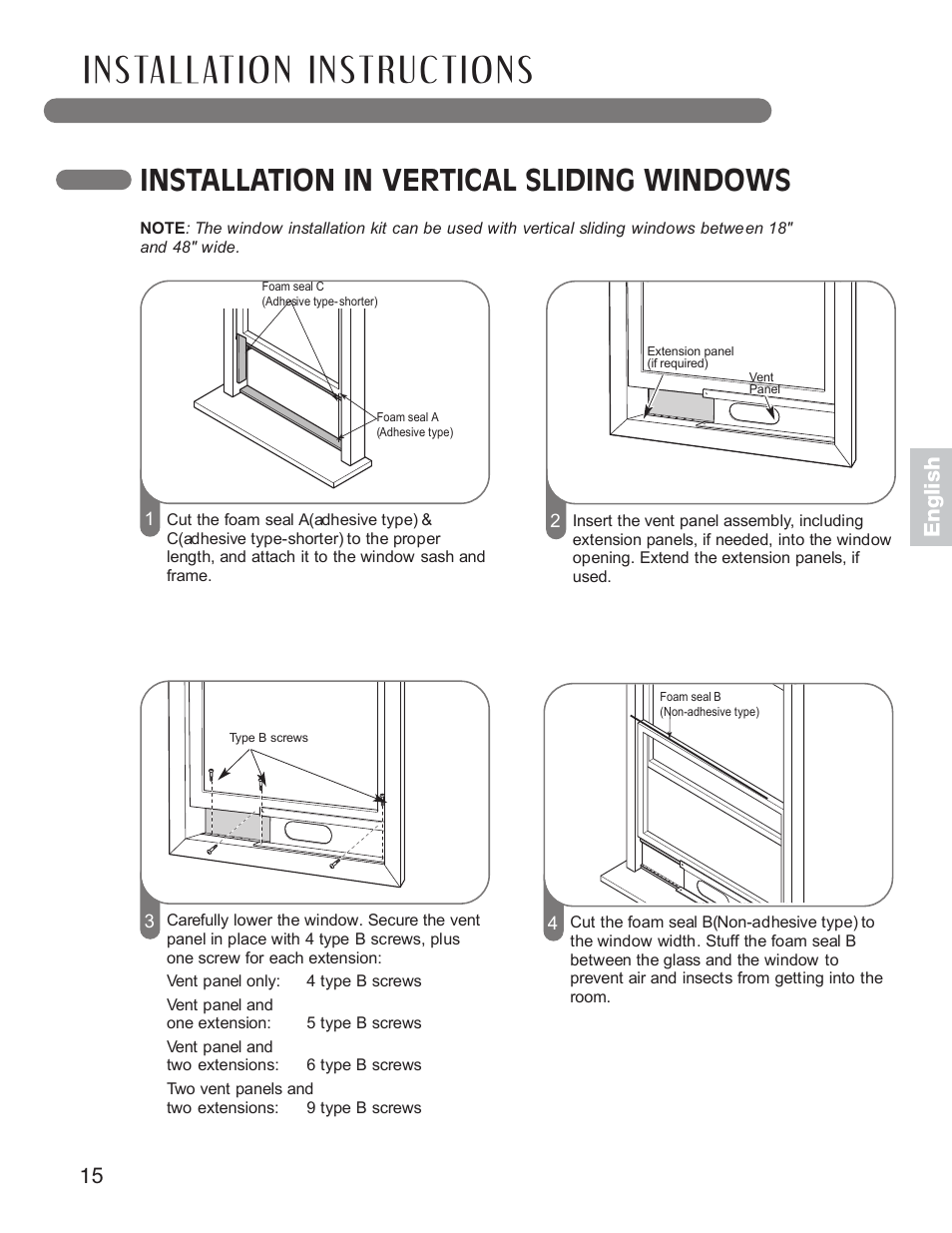 Installation in vertical sliding windows, English | LG LP1010SNR User Manual | Page 15 / 48