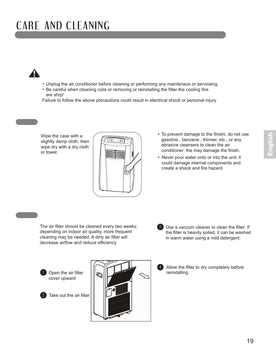 Cleaning the case cleaning the air filter, Warning | LG LP1010SNR User Manual | Page 19 / 48