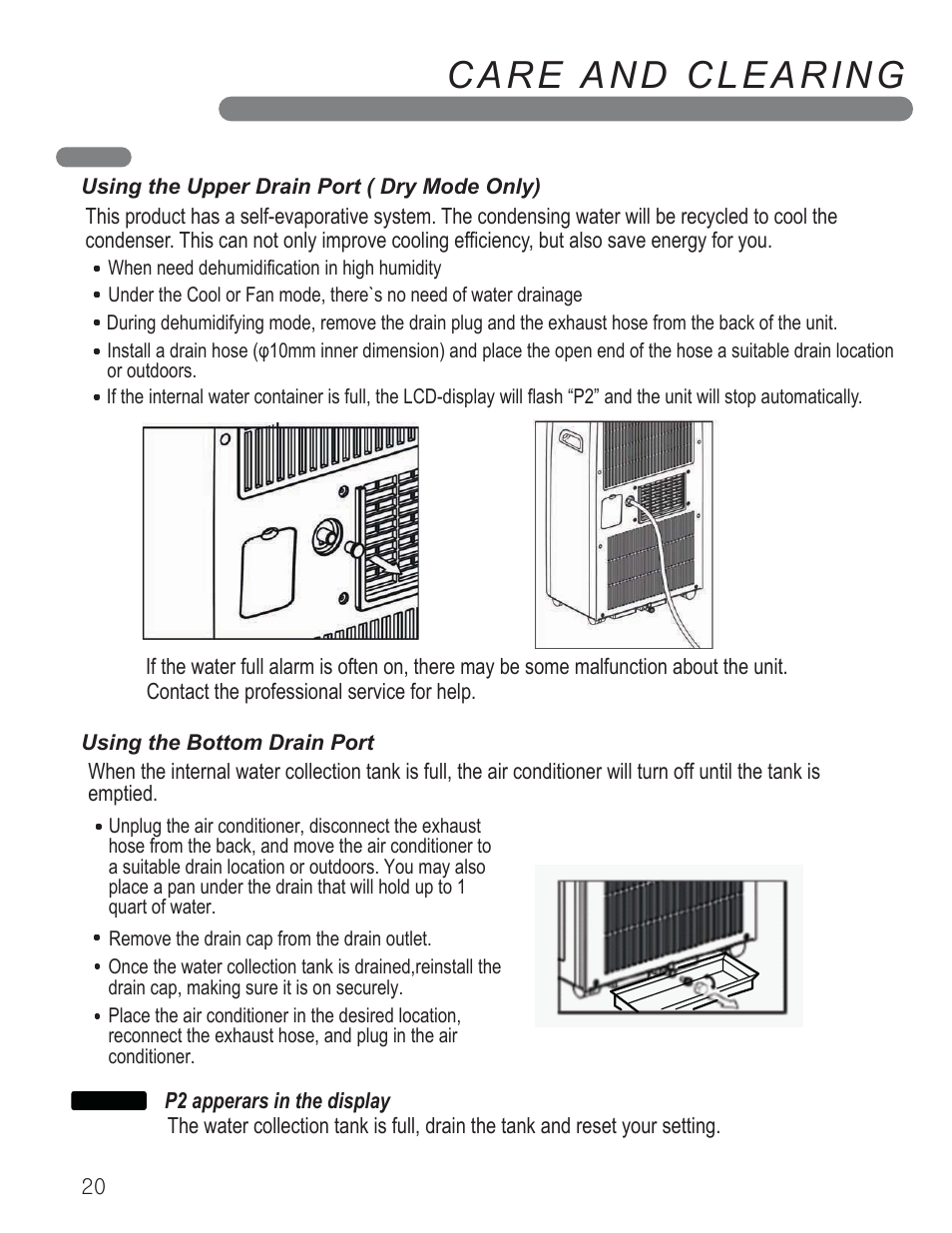 Care and clearing, Water drainage | LG LP1010SNR User Manual | Page 20 / 48