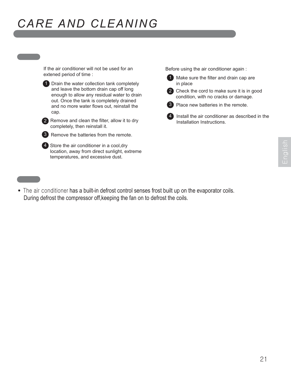 Care and cleaning, Defrost operation, Storing the air conditioner | LG LP1010SNR User Manual | Page 21 / 48