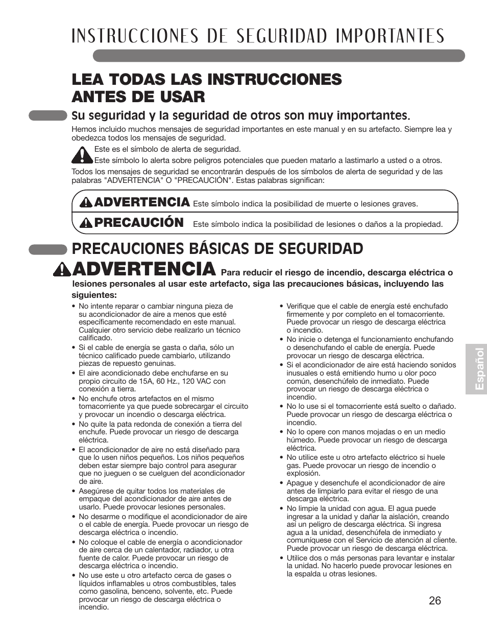 Lea todas las instrucciones antes de usar, Precauciones básicas de seguridad, Advertencia | Precaución, 26 e sp añ o l | LG LP1010SNR User Manual | Page 26 / 48