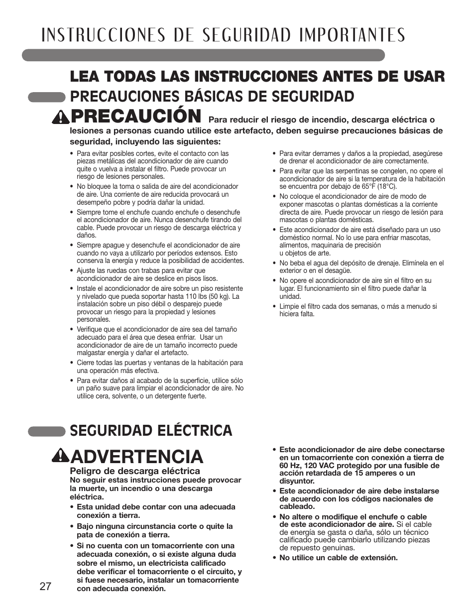 Precaución, Advertencia, Lea todas las instrucciones antes de usar | Precauciones básicas de seguridad, Seguridad eléctrica | LG LP1010SNR User Manual | Page 27 / 48