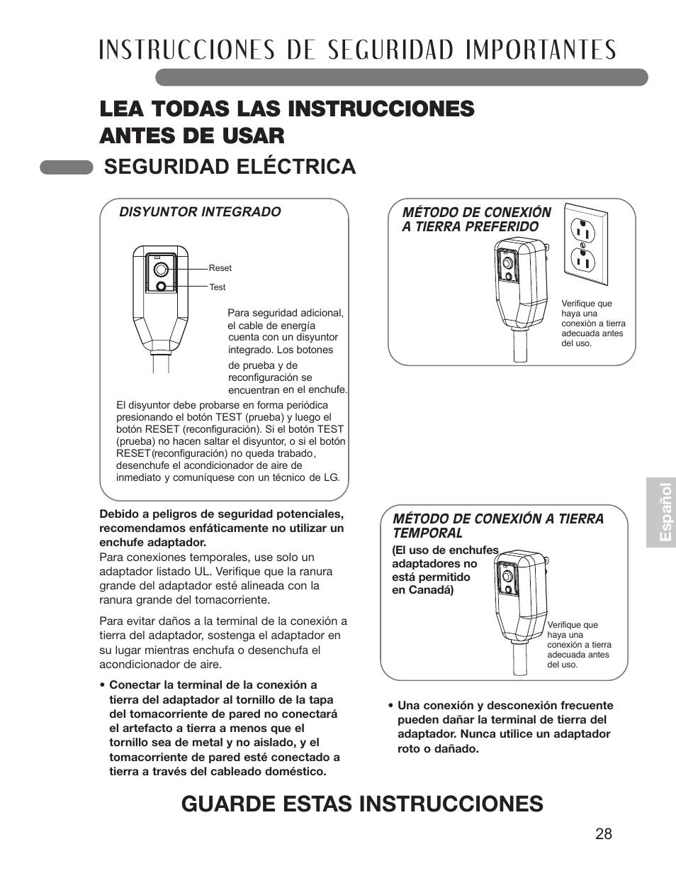 Lea todas las instrucciones antes de usar, Guarde estas instrucciones, Seguridad eléctrica | 28 e sp añ o l | LG LP1010SNR User Manual | Page 28 / 48