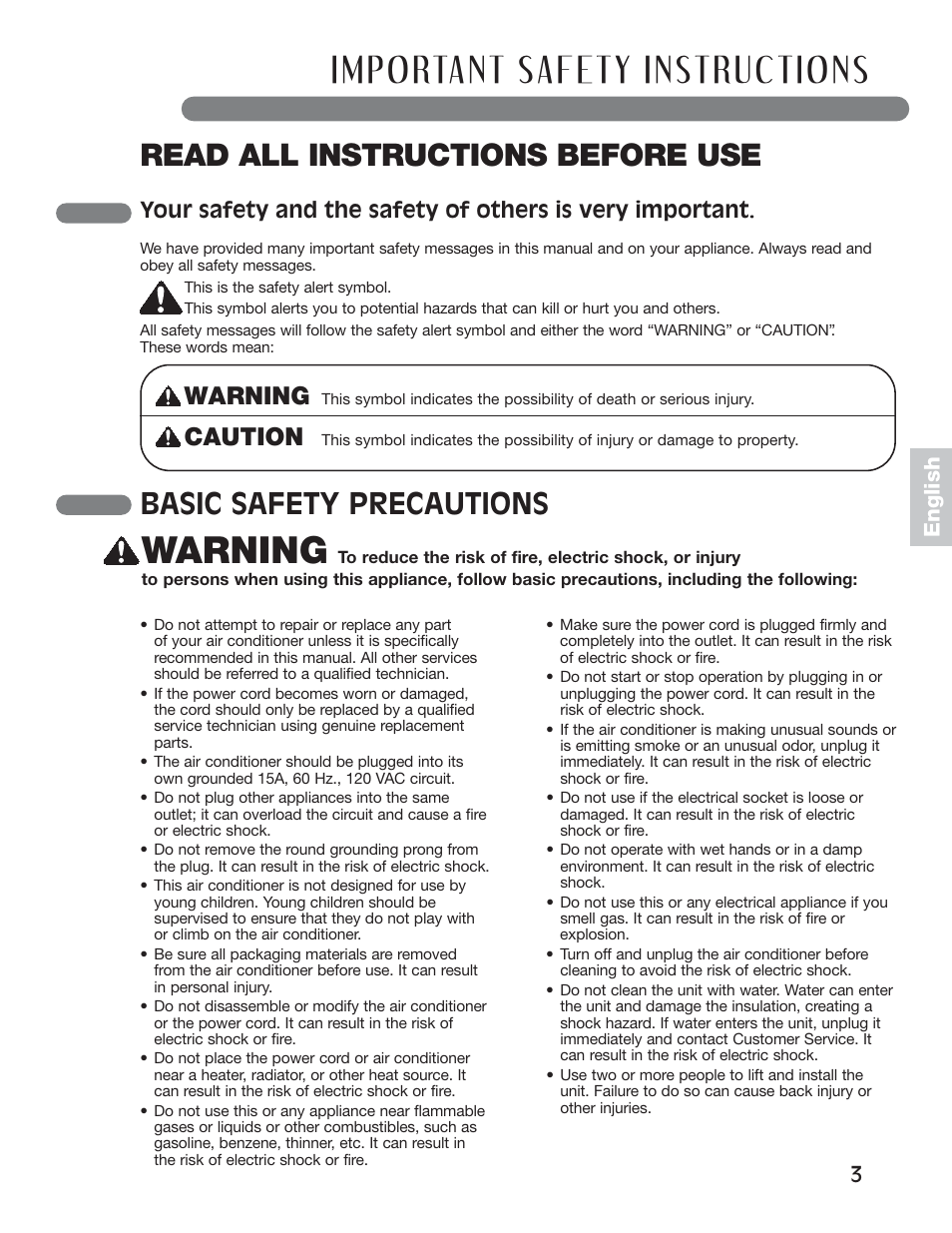 Read all instructions before use, Basic safety precautions, Warning | Caution, 3english | LG LP1010SNR User Manual | Page 3 / 48