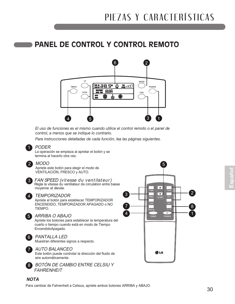 Panel de control y control remoto, 30 e sp añ o l | LG LP1010SNR User Manual | Page 30 / 48