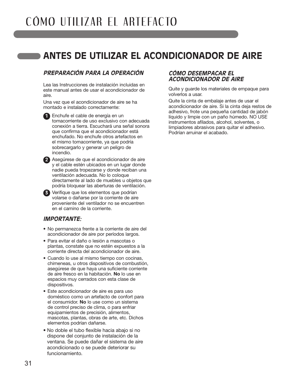 Antes de utilizar el acondicionador de aire | LG LP1010SNR User Manual | Page 31 / 48