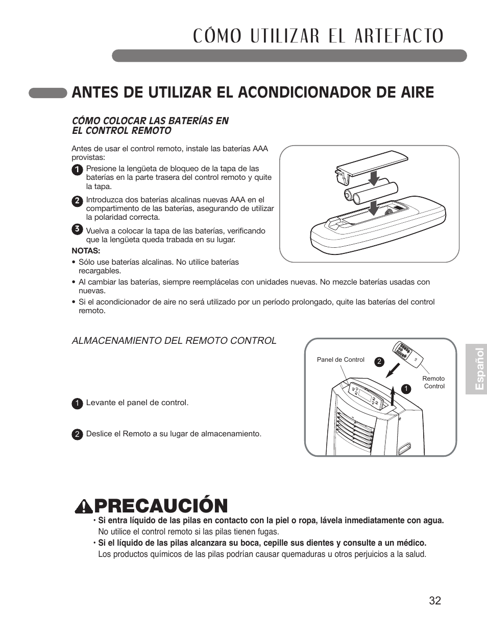 Precaución, Antes de utilizar el acondicionador de aire, 32 e sp añ o l | LG LP1010SNR User Manual | Page 32 / 48