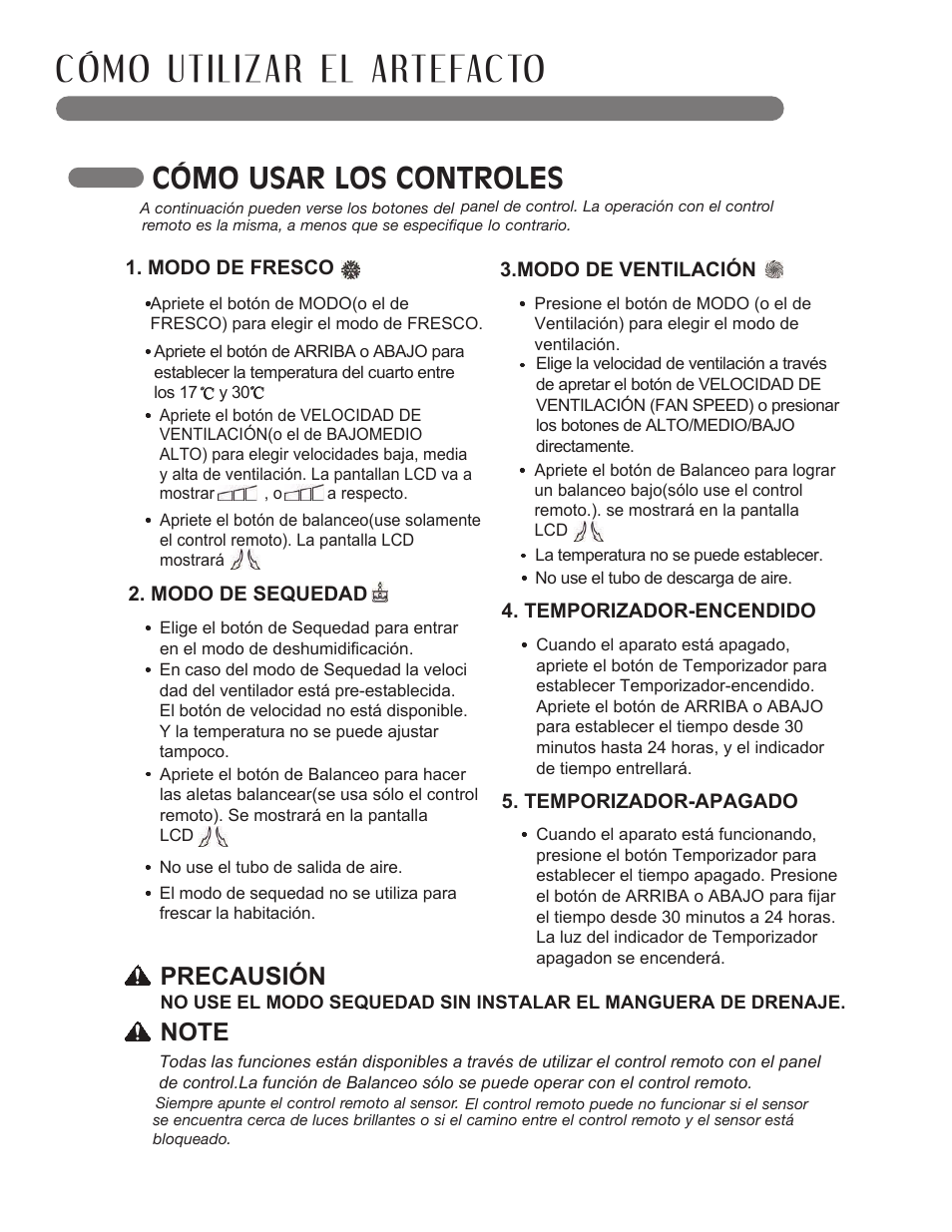 Cómo usar los controles, Precausión | LG LP1010SNR User Manual | Page 33 / 48