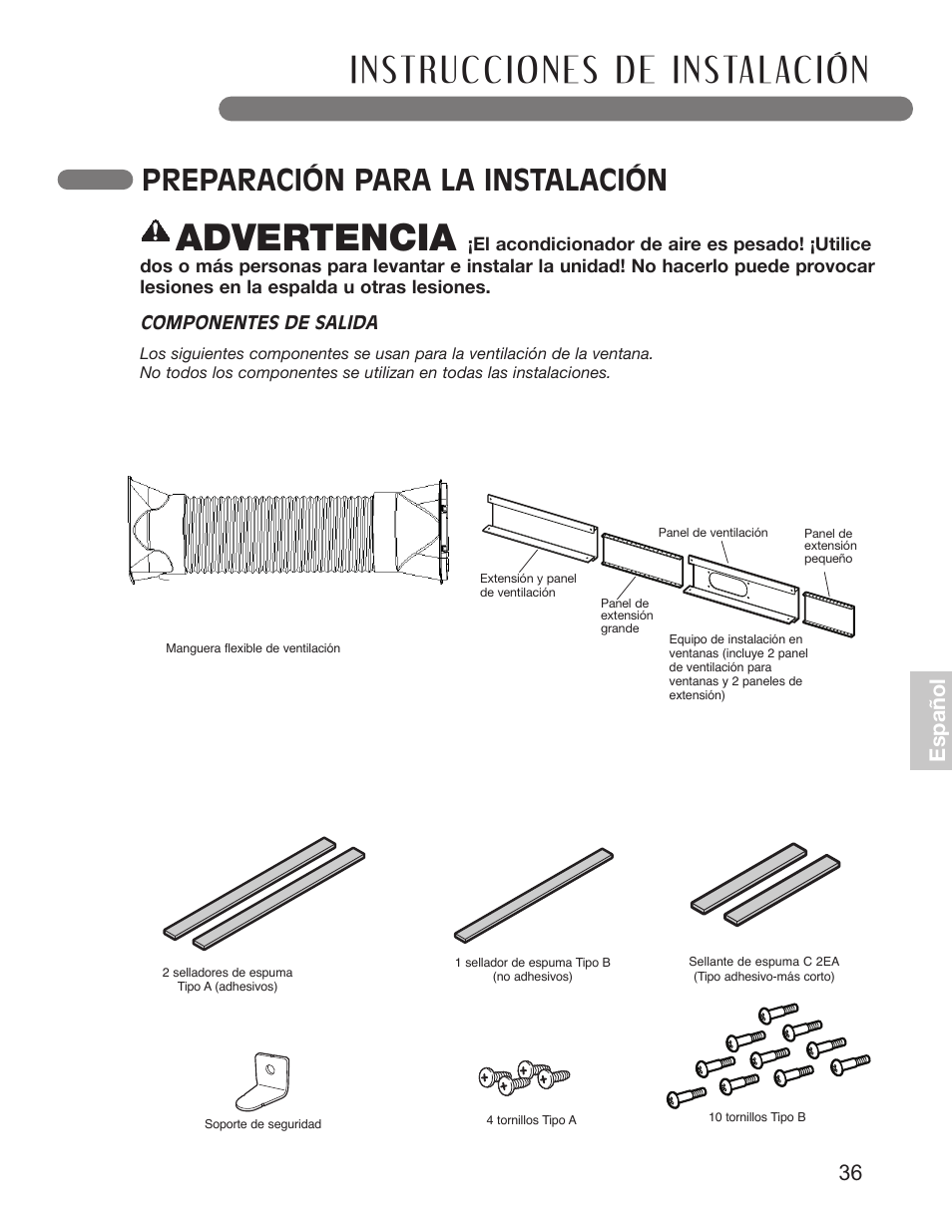 Advertencia, Preparación para la instalación, 36 e sp añ o l | LG LP1010SNR User Manual | Page 36 / 48