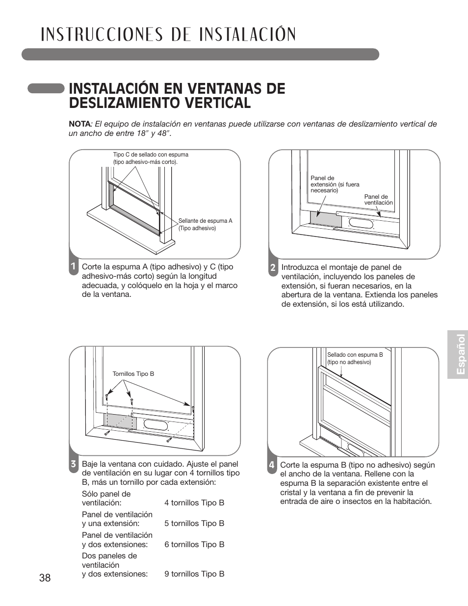 Instalación en ventanas de deslizamiento vertical, Esp añ o l | LG LP1010SNR User Manual | Page 38 / 48