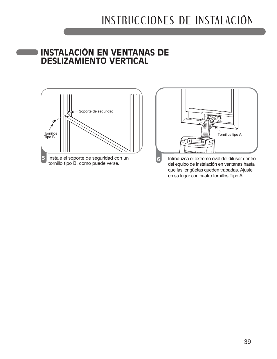 Instalación en ventanas de deslizamiento vertical | LG LP1010SNR User Manual | Page 39 / 48