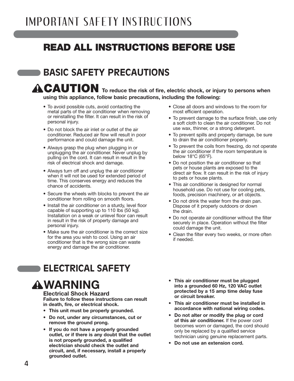 Caution, Warning, Read all instructions before use | Basic safety precautions, Electrical safety | LG LP1010SNR User Manual | Page 4 / 48