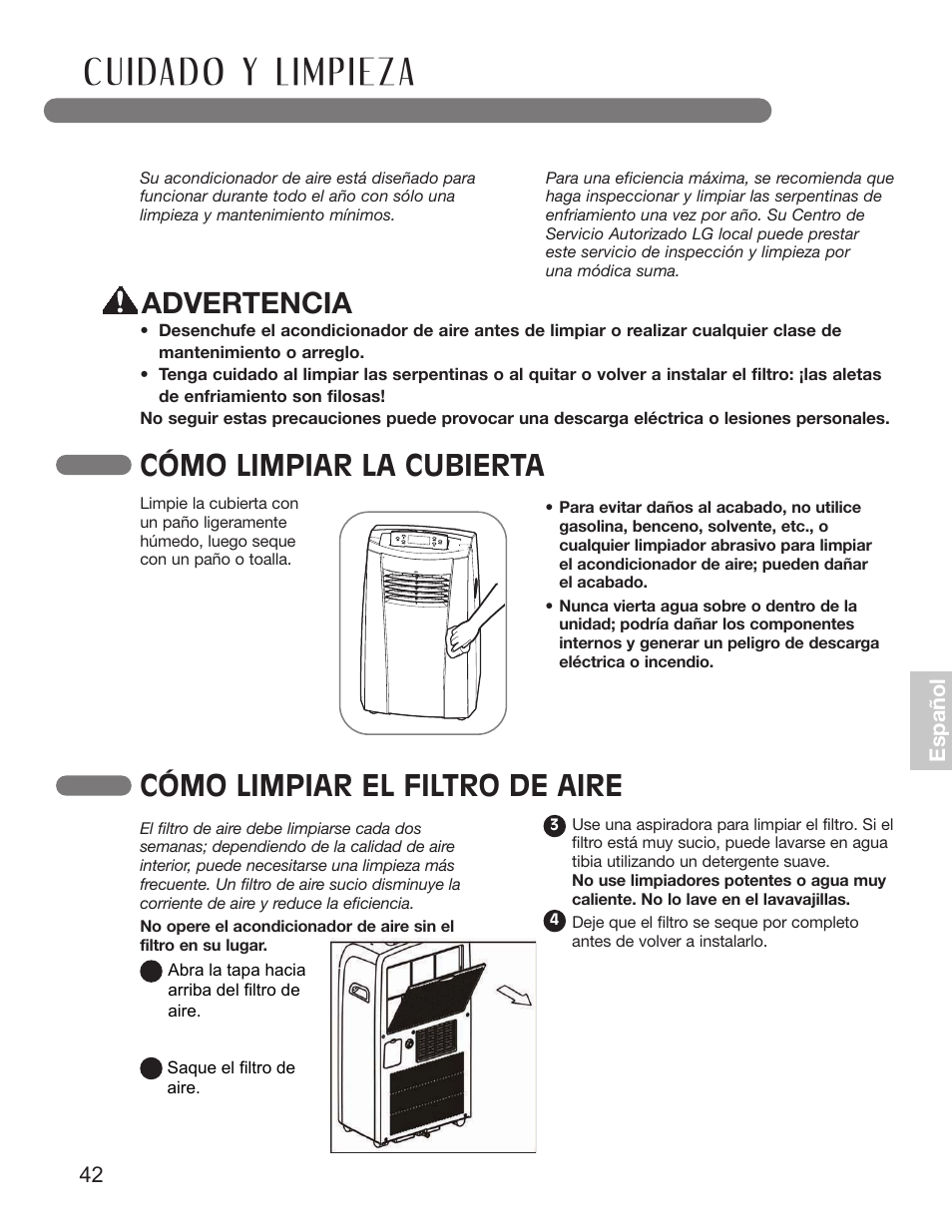 Cómo limpiar la cubierta, Cómo limpiar el filtro de aire, Advertencia | LG LP1010SNR User Manual | Page 42 / 48