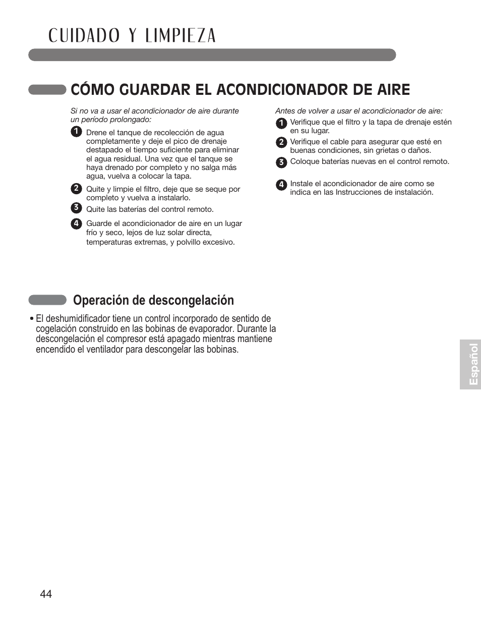 Cómo guardar el acondicionador de aire, Operación de descongelación | LG LP1010SNR User Manual | Page 44 / 48