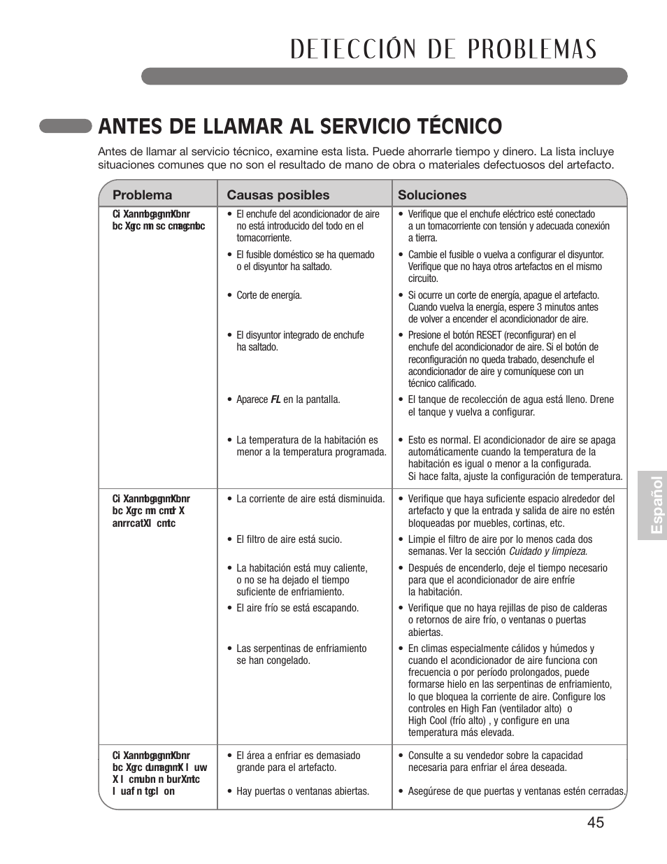 Antes de llamar al servicio técnico, 45 e sp añ o l | LG LP1010SNR User Manual | Page 45 / 48