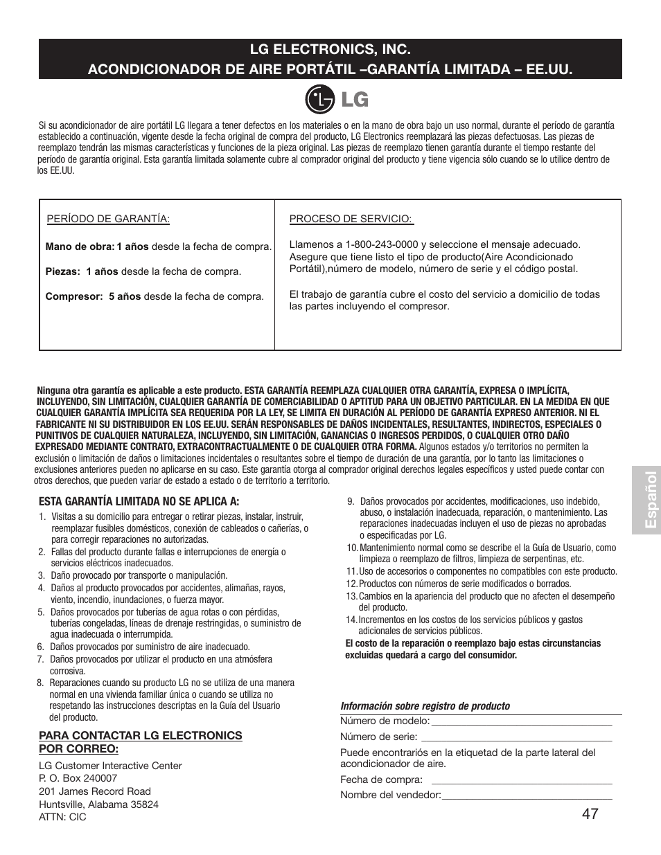 Esp añ o l | LG LP1010SNR User Manual | Page 47 / 48