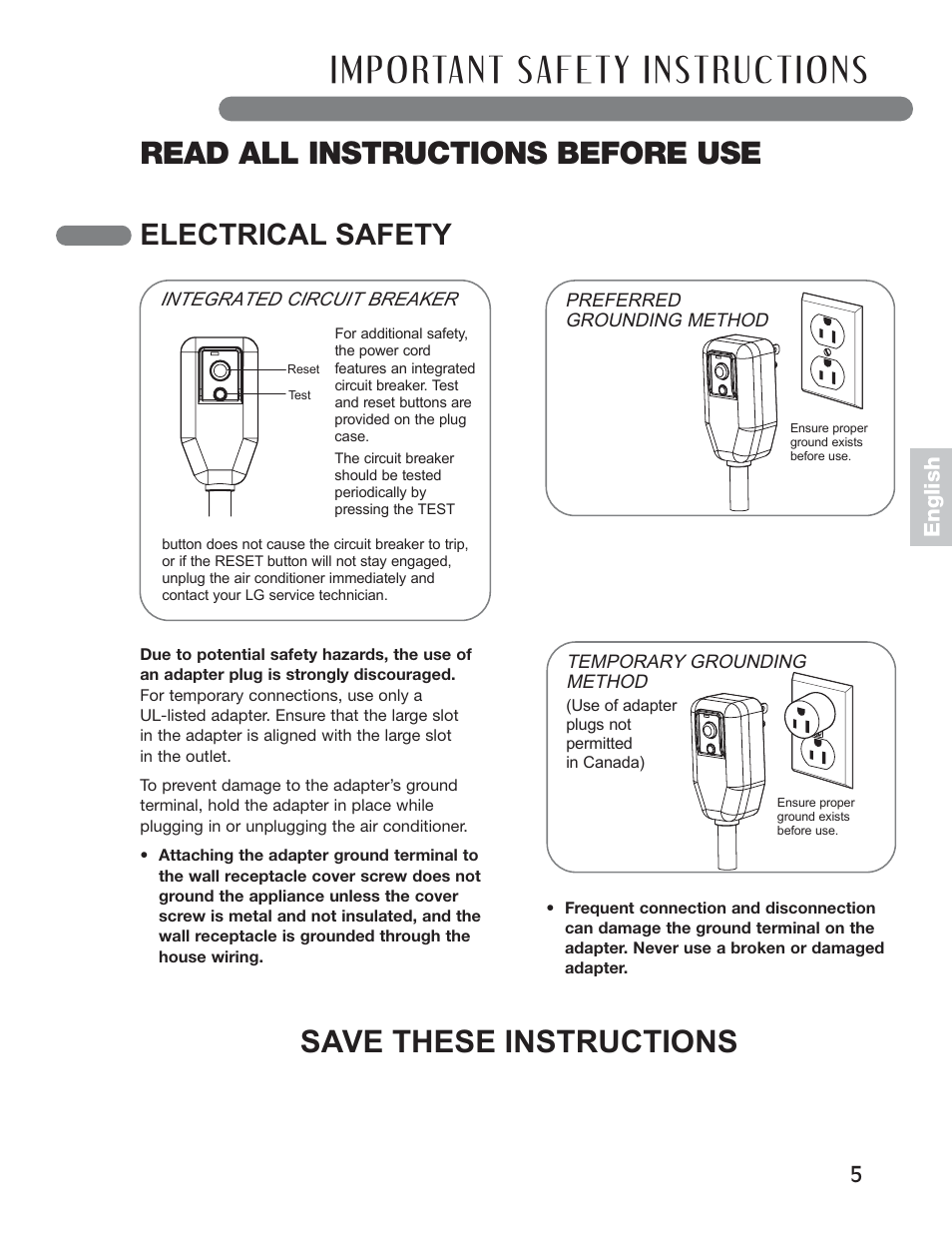 Read all instructions before use, Save these instructions, Electrical safety | 5english | LG LP1010SNR User Manual | Page 5 / 48