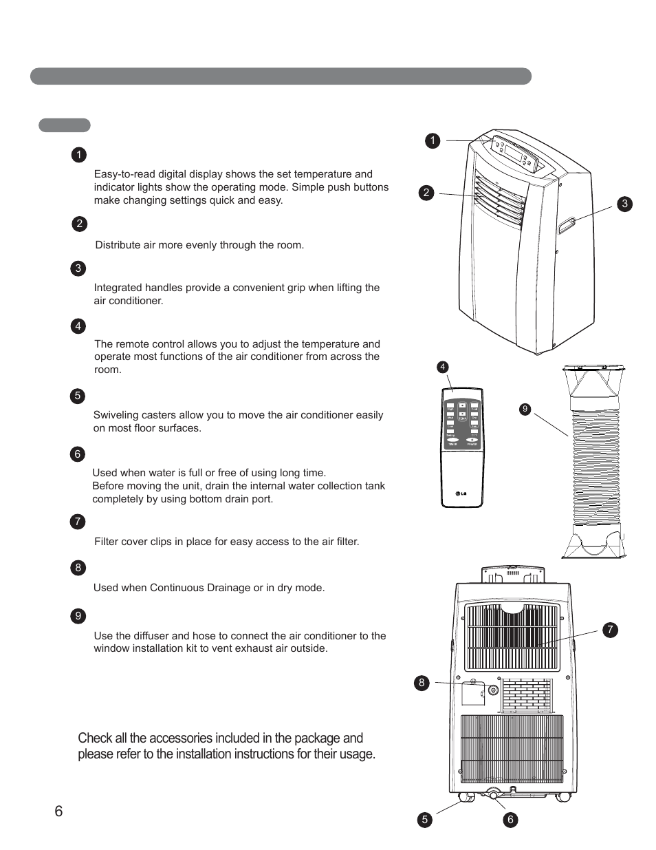 Parts and features, Key part and componts | LG LP1010SNR User Manual | Page 6 / 48