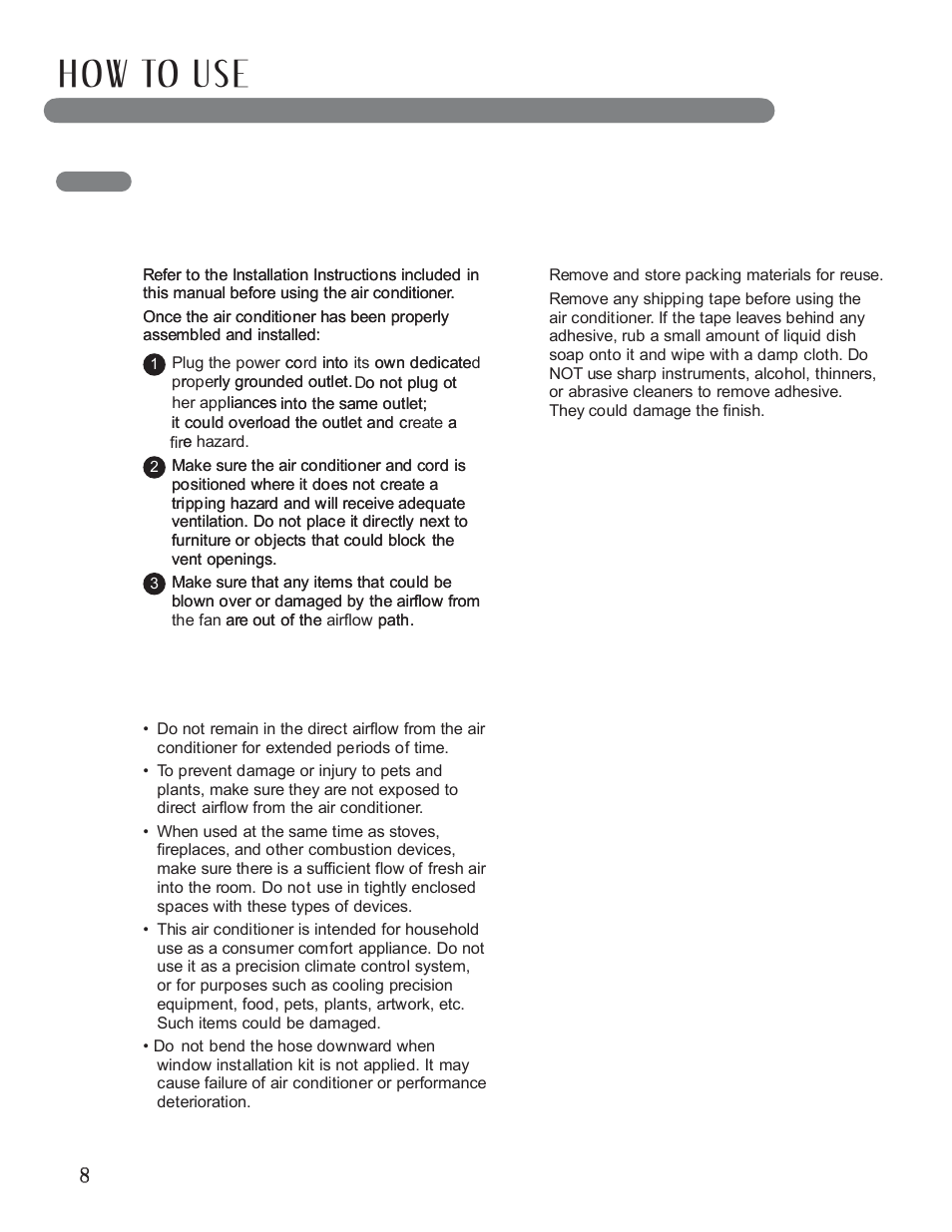H ow to u s e, Before using your air conditioner | LG LP1010SNR User Manual | Page 8 / 48