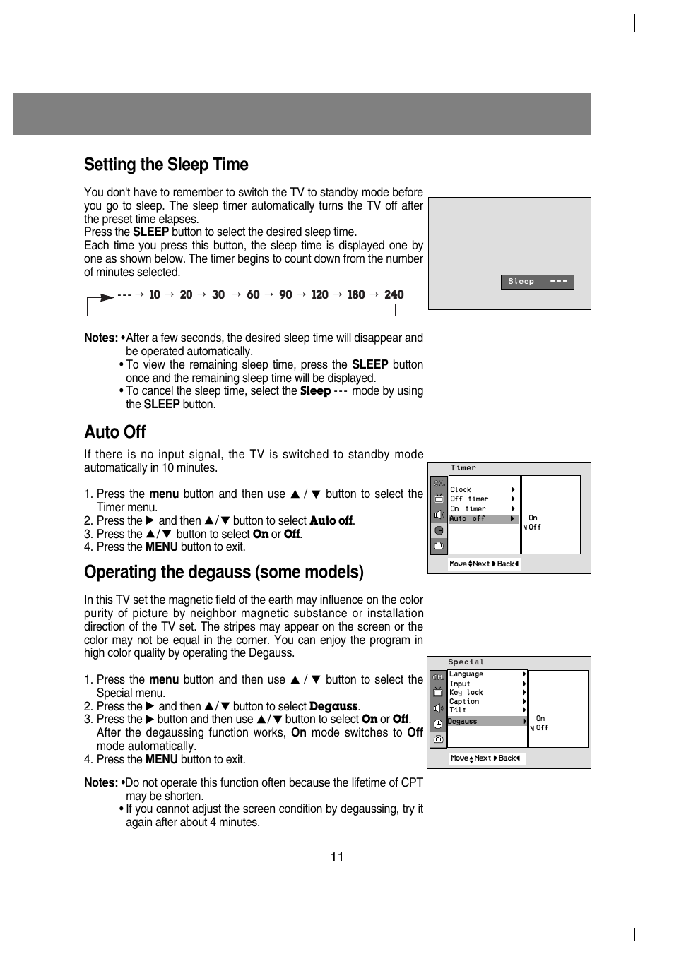 Setting the sleep time, Auto off, Operating the degauss (some models) | Mode by using the sleep button, Button to select the timer menu. 2. press the, And then, Button to select, Press the, Press the menu button to exit, Button to select the special menu. 2. press the | LG 29FX4BL-LG User Manual | Page 11 / 28