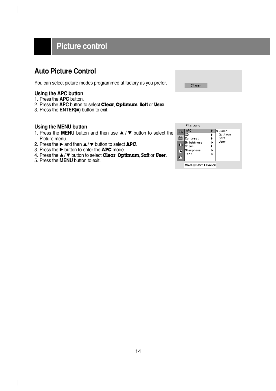 Picture control, Auto picture control, Using the apc button | Using the menu button, Press the enter, Button to exit, Press the menu button and then use, Button to select the picture menu. 2. press the, And then, Button to select | LG 29FX4BL-LG User Manual | Page 14 / 28