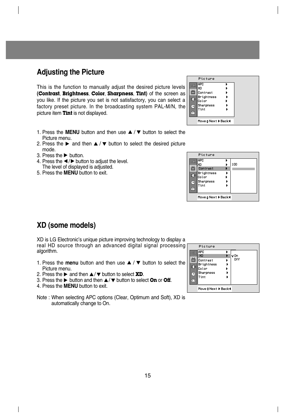 Adjusting the picture, Xd (some models), Button to select the picture menu. 2. press the | And then, Button. 4. press the, Button to select, Press the, Button and then | LG 29FX4BL-LG User Manual | Page 15 / 28