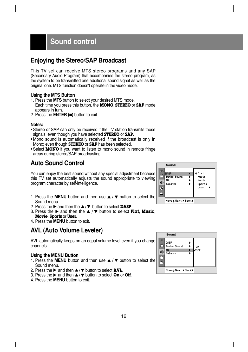 Sound control, Enjoying the stereo/sap broadcast, Auto sound control | Avl (auto volume leveler), Using the mts button, Using the menu button | LG 29FX4BL-LG User Manual | Page 16 / 28