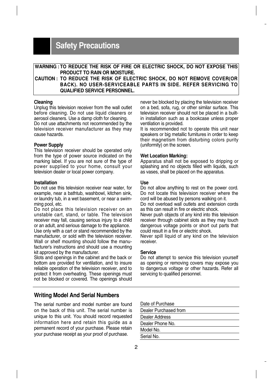 Safety precautions | LG 29FX4BL-LG User Manual | Page 2 / 28