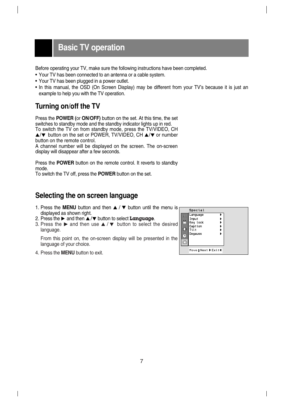 Basic tv operation, Turning on/off the tv, Selecting the on screen language | LG 29FX4BL-LG User Manual | Page 7 / 28