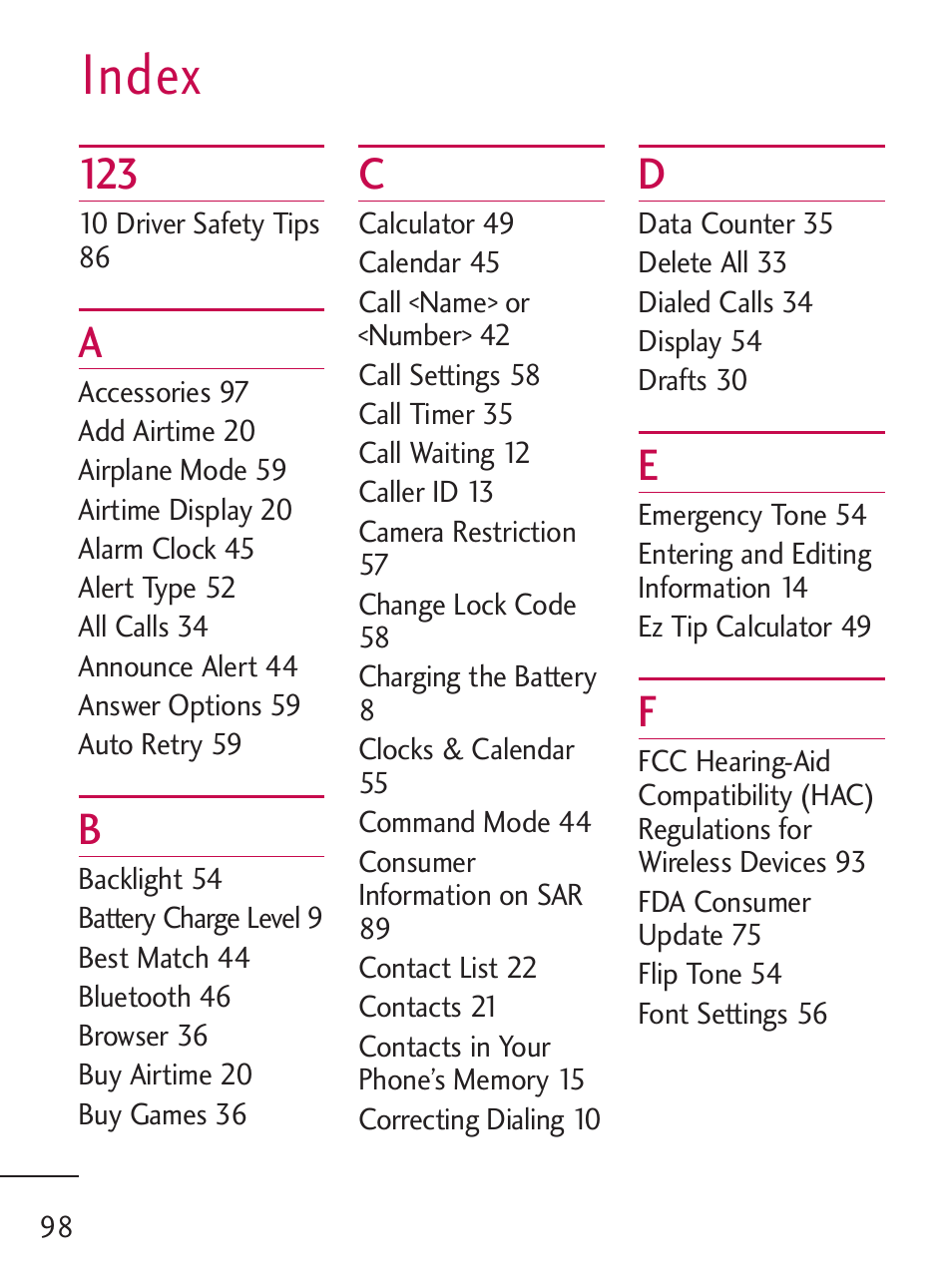 Index | LG LG235C User Manual | Page 100 / 217