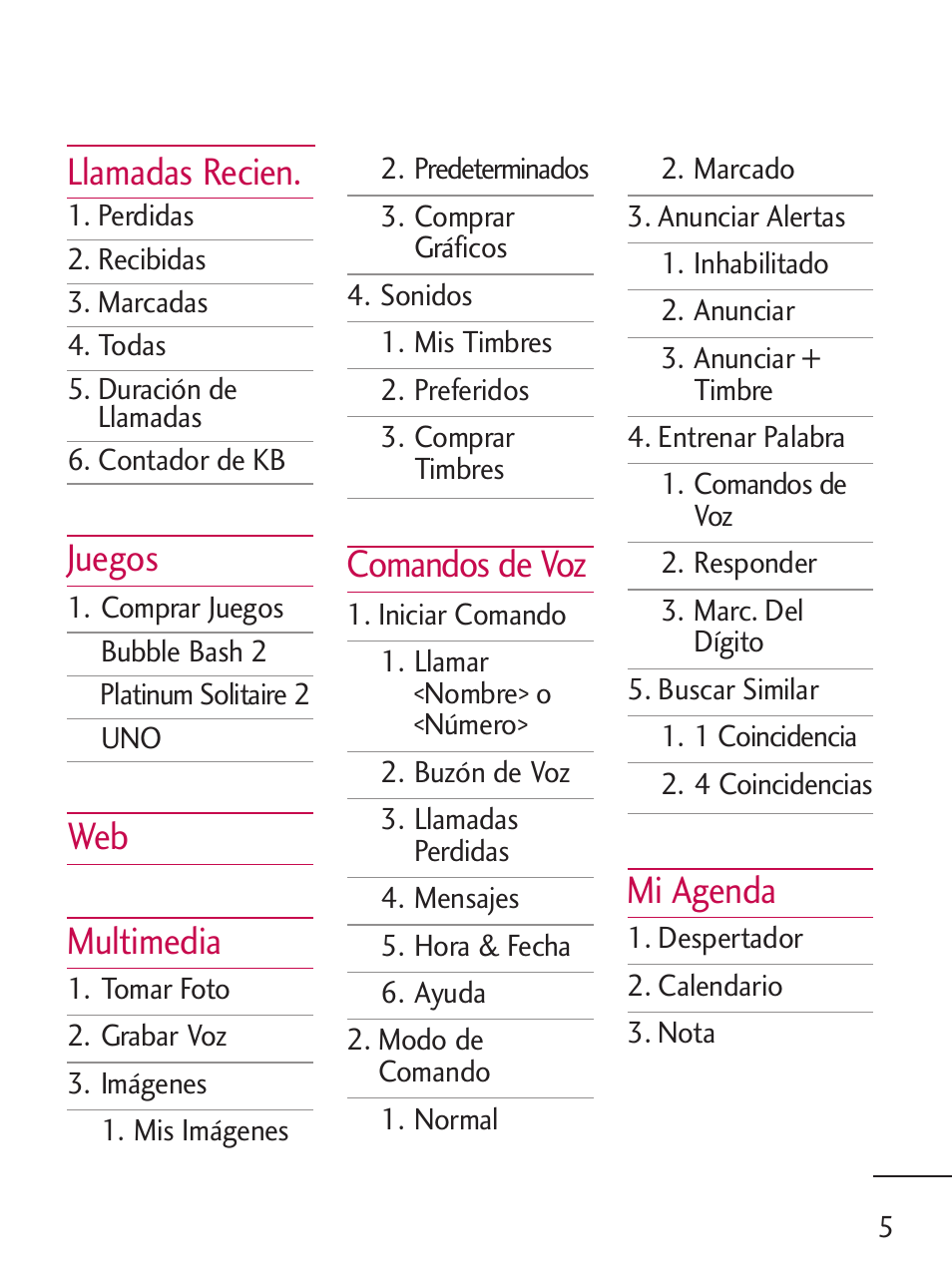 Llamadas recien, Juegos, Web multimedia | Comandos de voz, Mi agenda | LG LG235C User Manual | Page 107 / 217