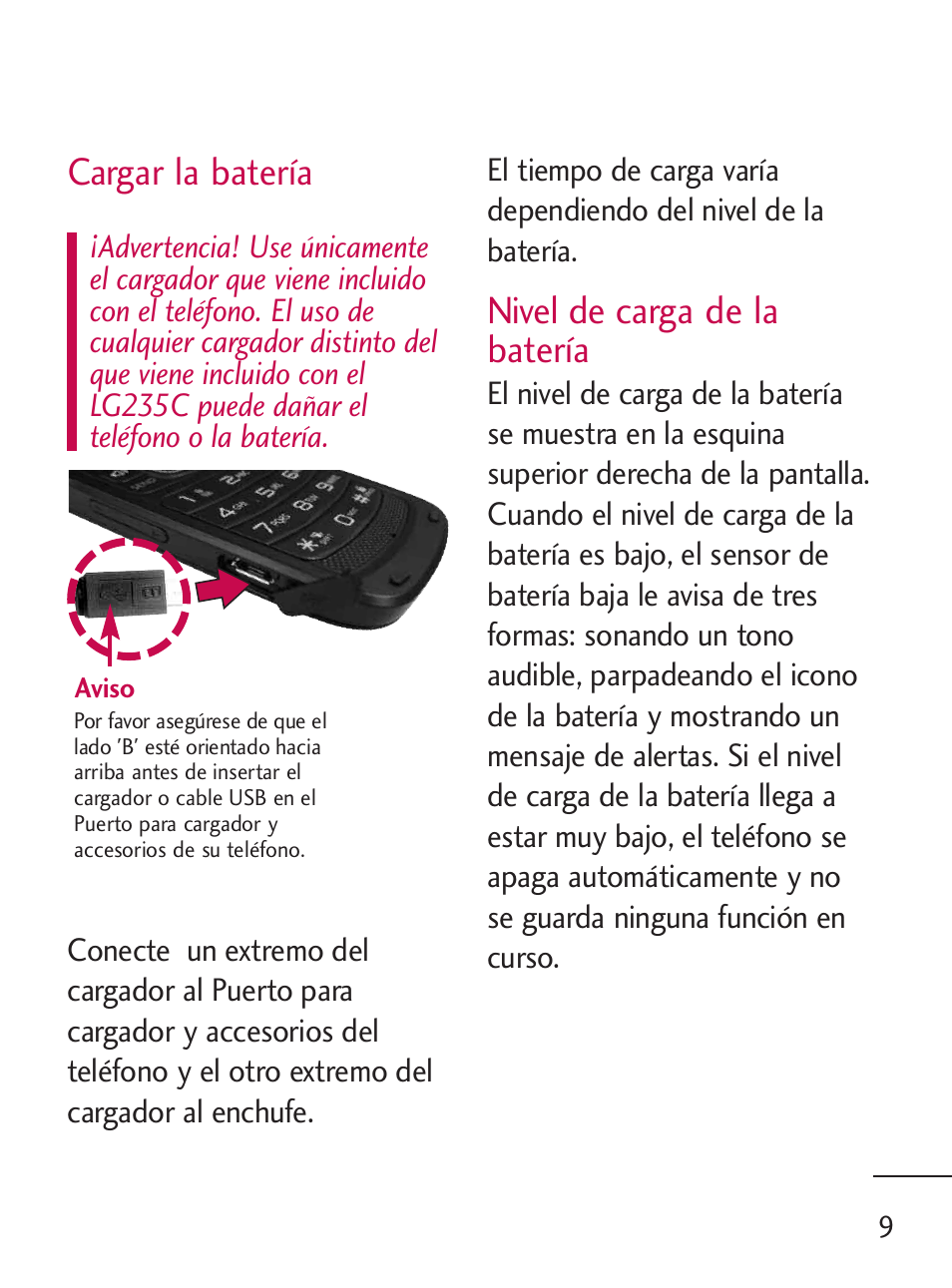 Cargar la batería, Nivel de carga de la batería | LG LG235C User Manual | Page 111 / 217